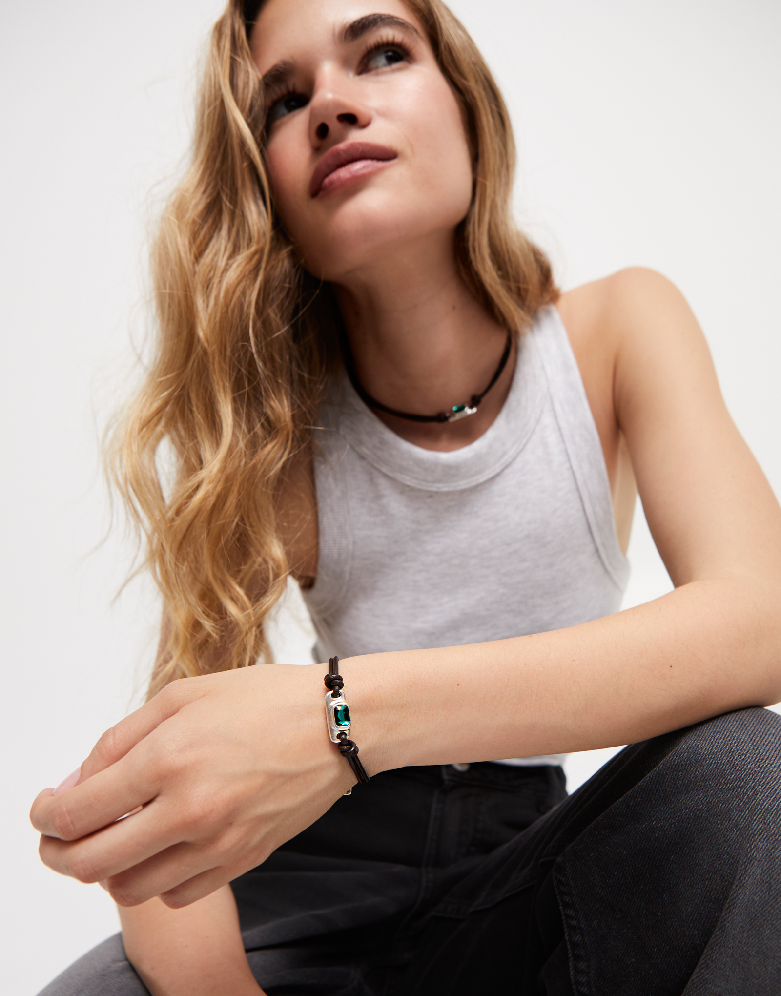 Leather bracelet with a green crystal, Silver, large thumbnail